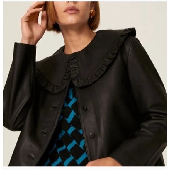 RIXO Debbie Leather Jacket Frill Collar Long Sleeve Boxy Cropped Black Medium - Picture 1 of 16